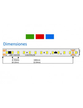 Tira LED APOLO 220V 16W/m IP65 Ancho 12mm Corte cada 5 cm -AXOLED-